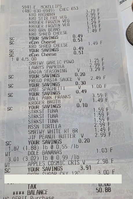 Redacted second grocery receipt